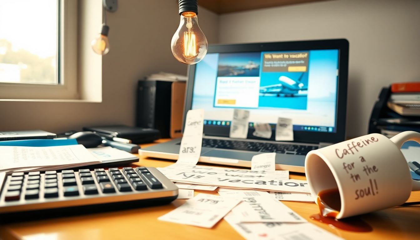 A messy desk with a laptop displaying a vacation ad.