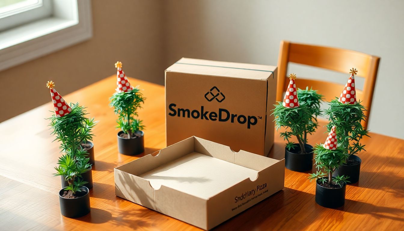 A SmokeDrop box surrounded by party-hat-wearing fake plants and a pizza box.