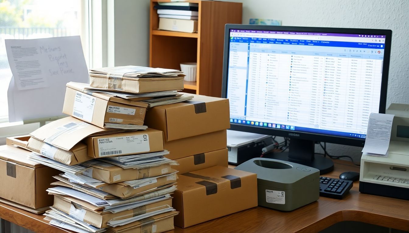 A cluttered workspace with returned packages and disorganized return requests.