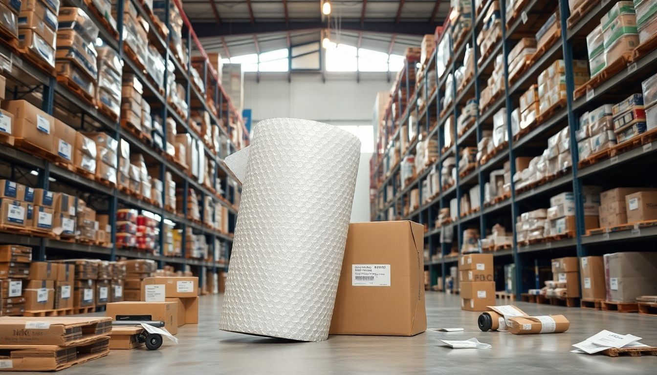 A playful warehouse scene with dancing bubble wrap and stubborn box.